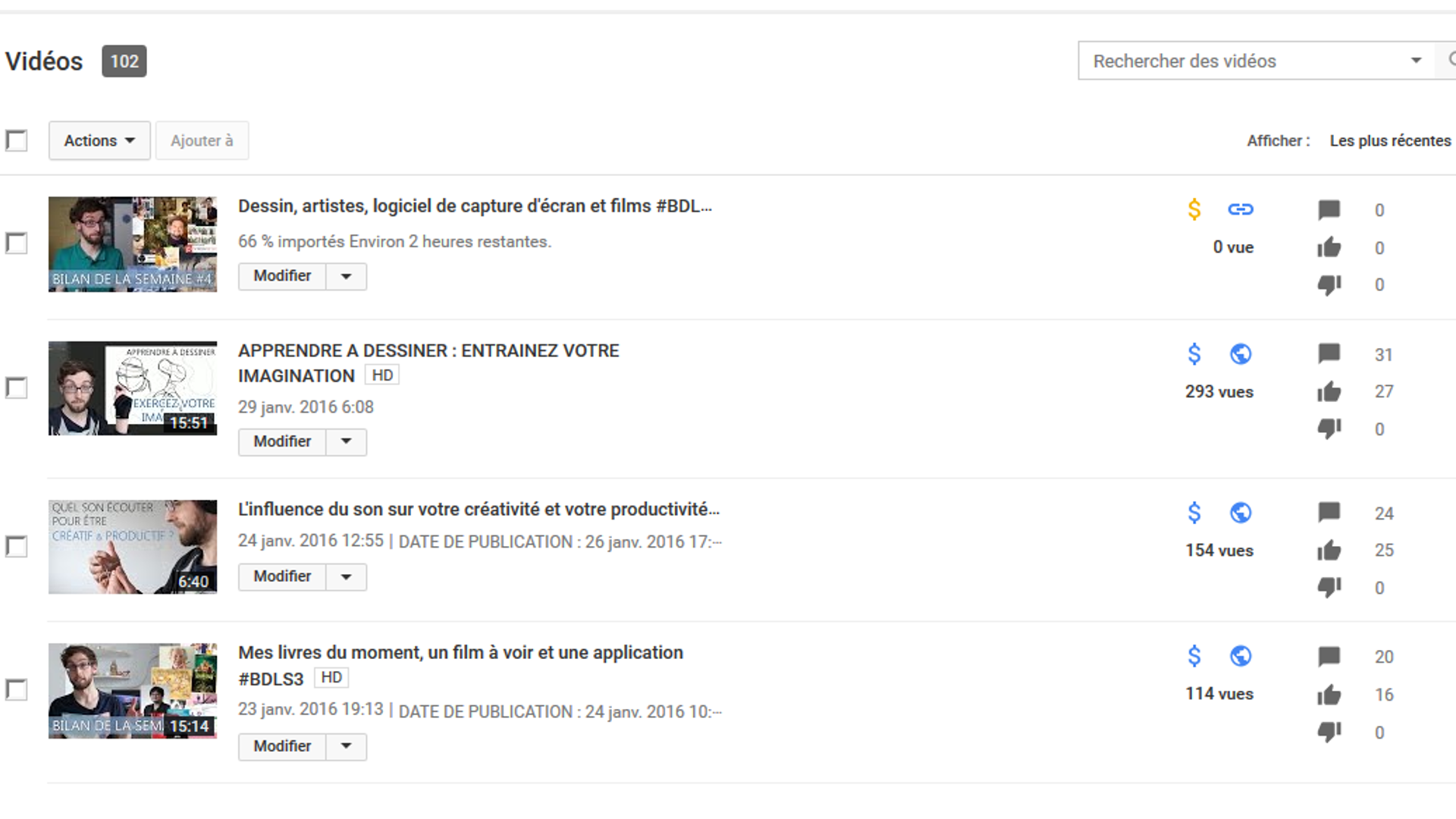 Contenu vidéo de ma chaîne YouTube